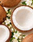Timebai_Coconut_Jasmine_Tea_fresh_coconut_halves_and_white_jasmine_flowers