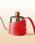 TimeBai 4mm precision gooseneck kettle with red heat-resistant leather sleeve.