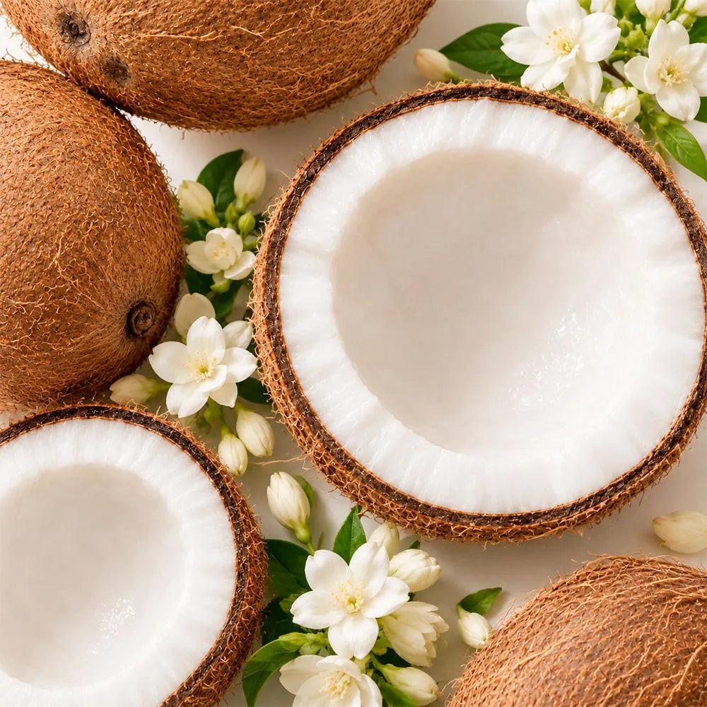 Timebai_Coconut_Jasmine_Tea_fresh_coconut_halves_and_white_jasmine_flowers