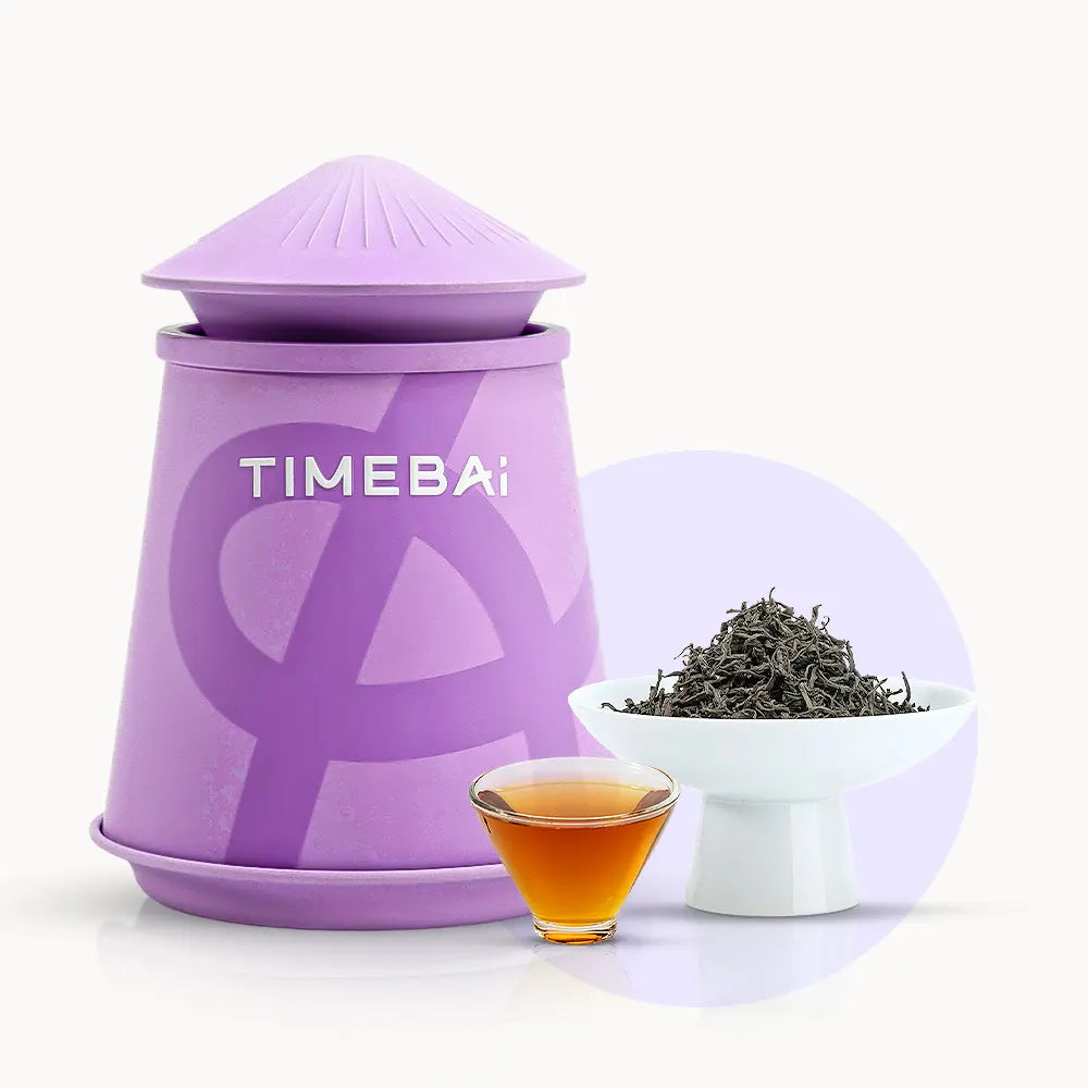 Timebai golden peony black tea with a purple tea canister, loose leaves in a white bowl, and a glass cup of amber tea on a white background.
