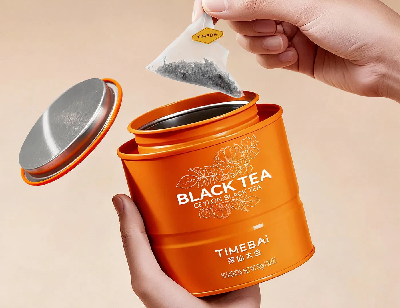 TimeBai High Grown Ceylon Tea packaging with 10 individually sealed sachets in a tea tin.