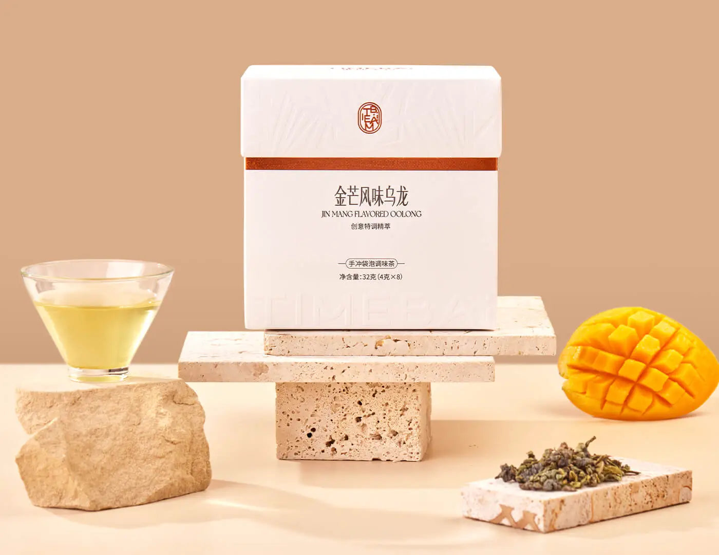 Timebai Mango Oolong Tea product set showing the packaging, oolong leaves, mango fruit and brewed tea.