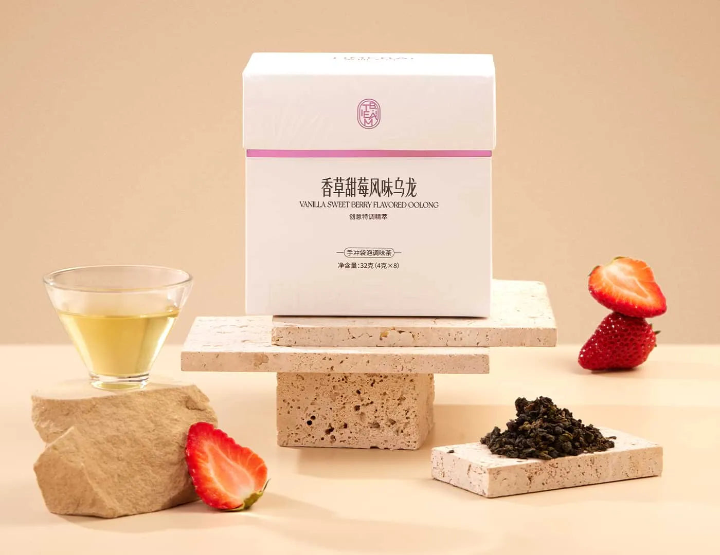Timebai Strawberry Vanilla Oolong Tea product set showing the packaging, oolong leaves, strawberry and brewed tea.