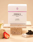 Timebai Strawberry Vanilla Oolong Tea product set showing the packaging, oolong leaves, strawberry and brewed tea.