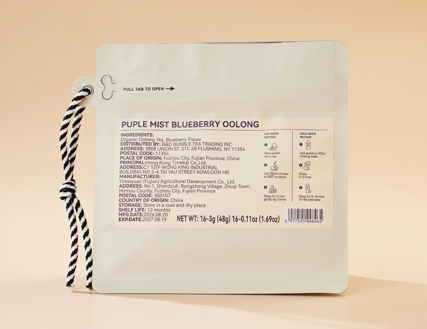 Back of TimeBai Blueberry Oolong Tea resealable pouch with tea product information