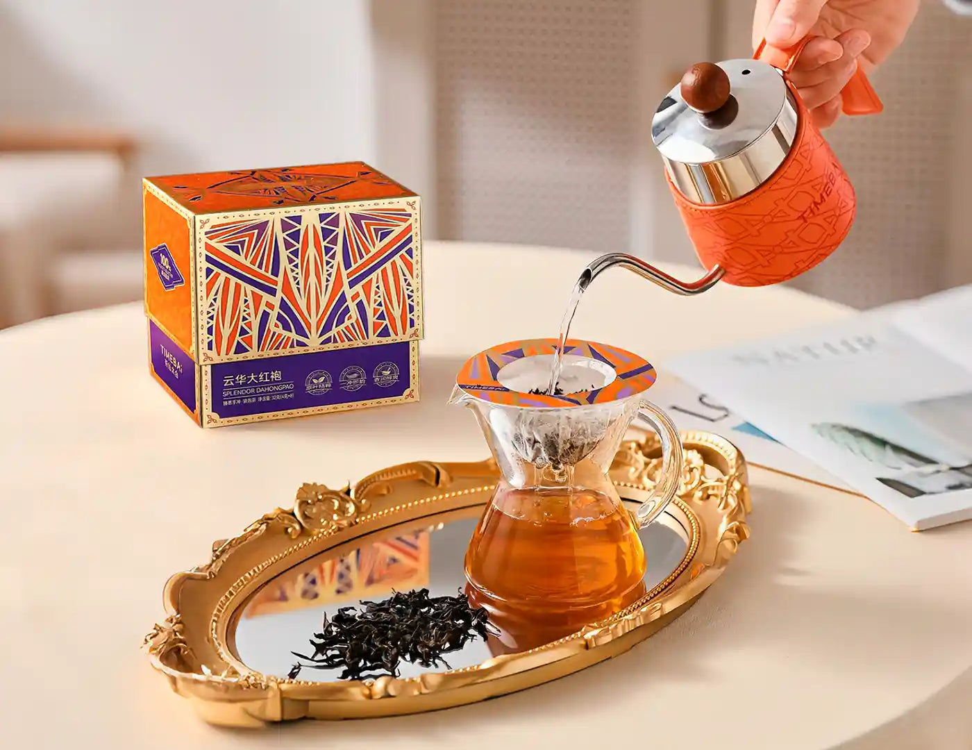 Hand-pouring hot water over Timebai Da Hong Pao tea disc to release the elusive Rock Rhyme.