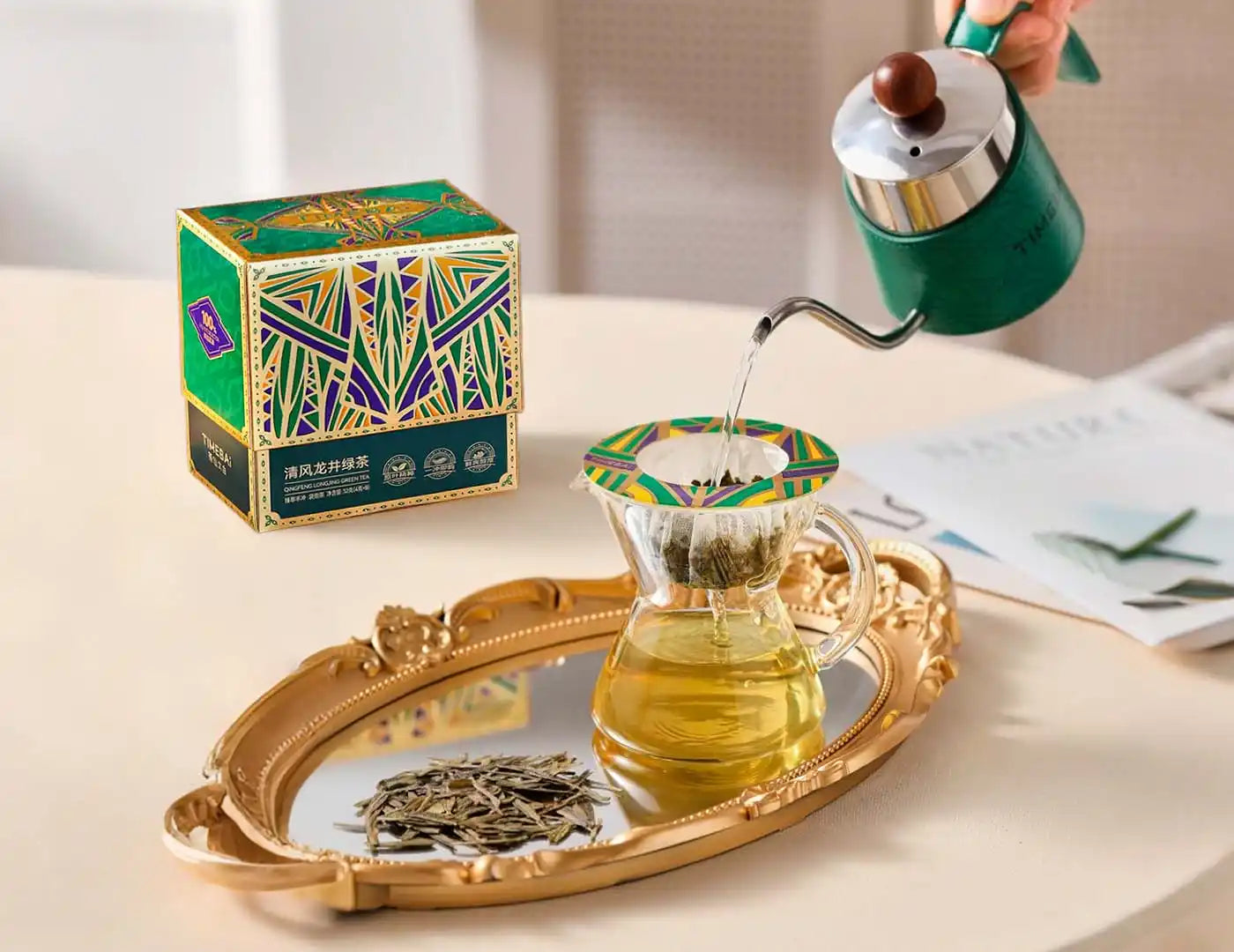 Hand-pouring hot water over Timebai Pure Breeze Longjing tea disc.