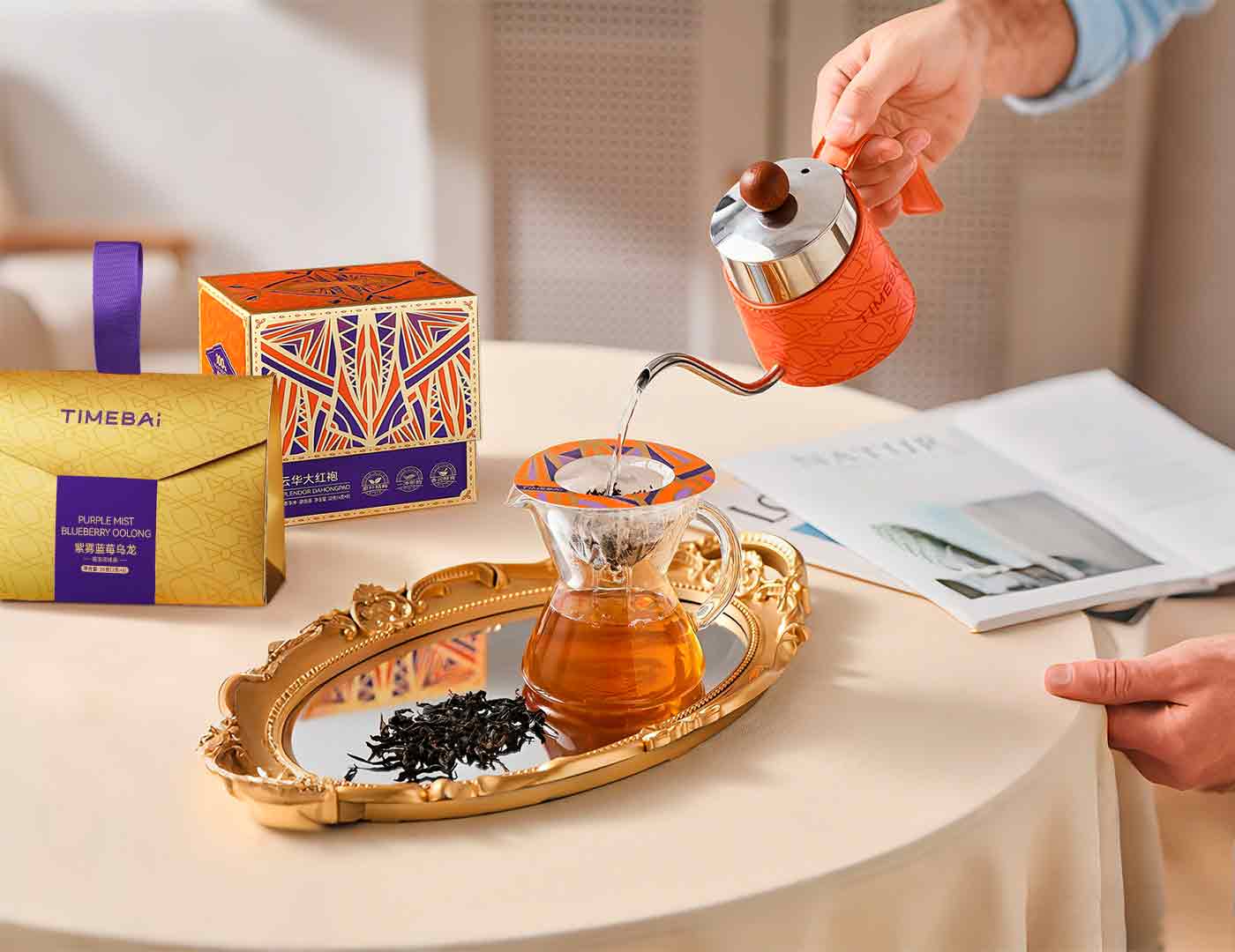 TimeBai Drip Disc Tea brewing action with Drip Disc and Flavor Series sachet packs