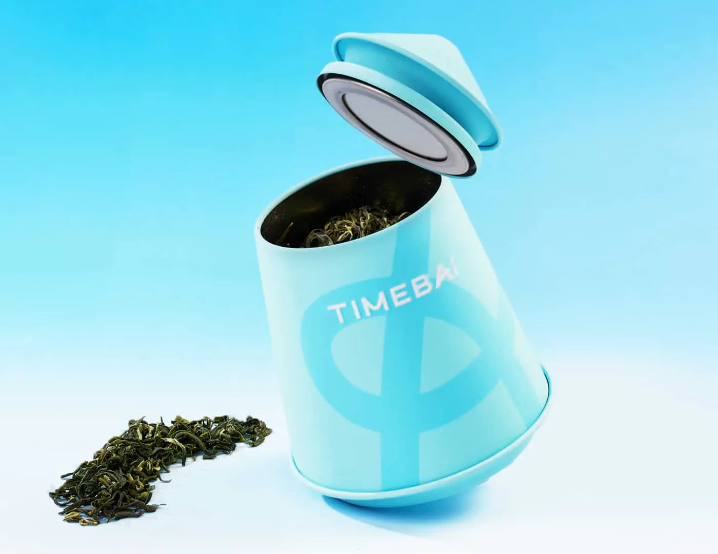 TimeBai Early Spring Bi Luo Chun Green Tea packaging with 90g loose leaf tea in a tea tin.