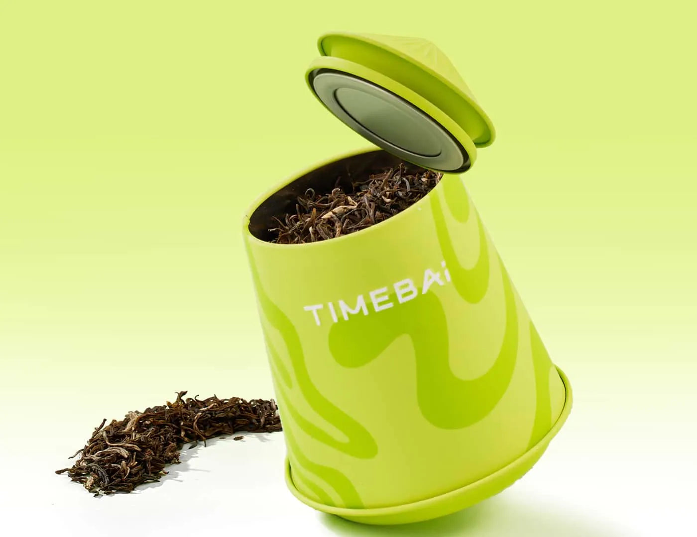 TimeBai Jasmine Maojian Green Tea packaging with 90g loose leaf tea in a tea tin.