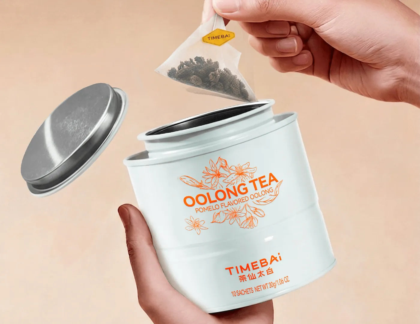 TimeBai Pomelo Oolong Tea packaging with 10 individually sealed sachets in a tea tin.