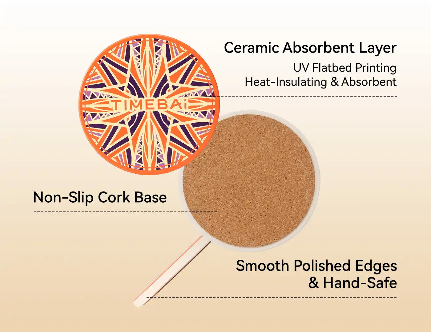Close-up of non-slip cork base on a TimeBai ceramic mat to protect furniture from scratches.