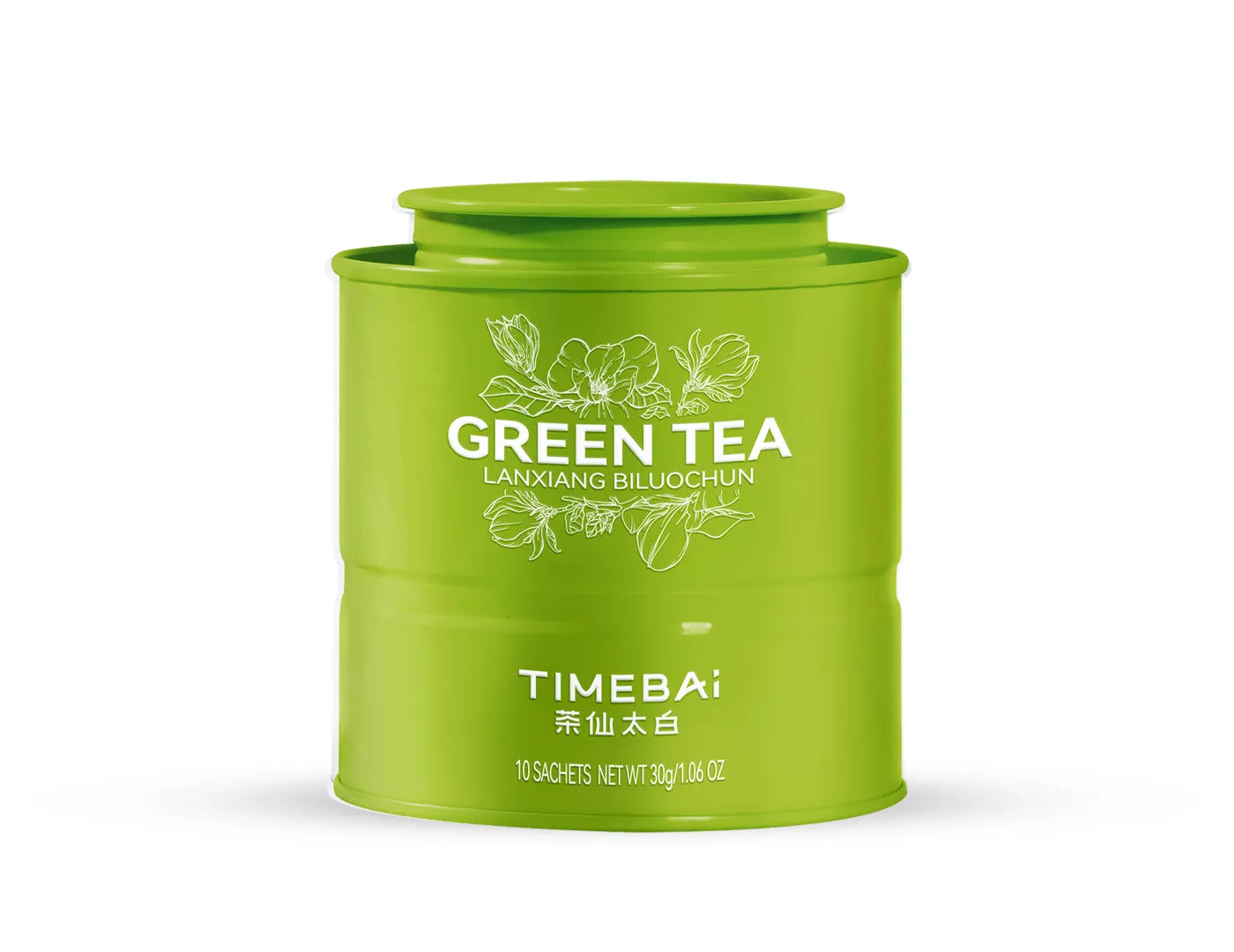 TimeBai Orchid Bi Luo Chun Green Tea packaging with 10 individually sealed sachets in a tea tin.