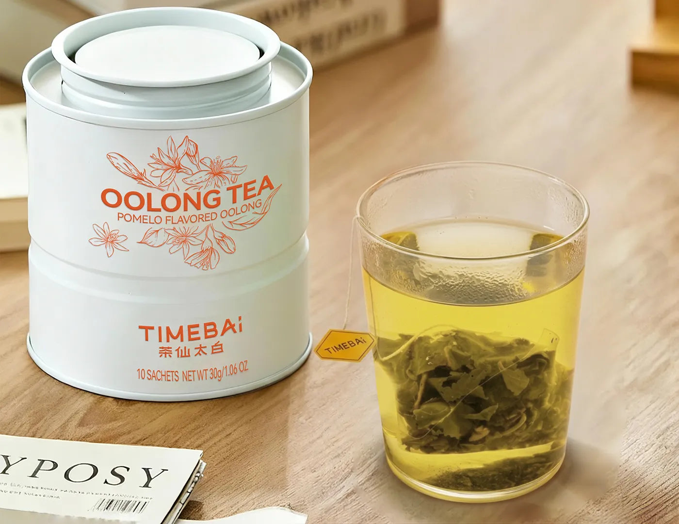 TimeBai Pomelo Oolong Tea packaging with 10 individually sealed sachets in a tea tin.