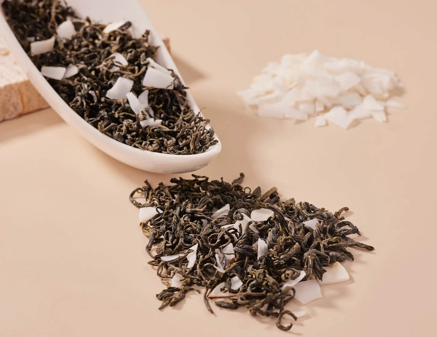 coconut flavored jasmine tea crafted from precisely cut premium green tea leaves.