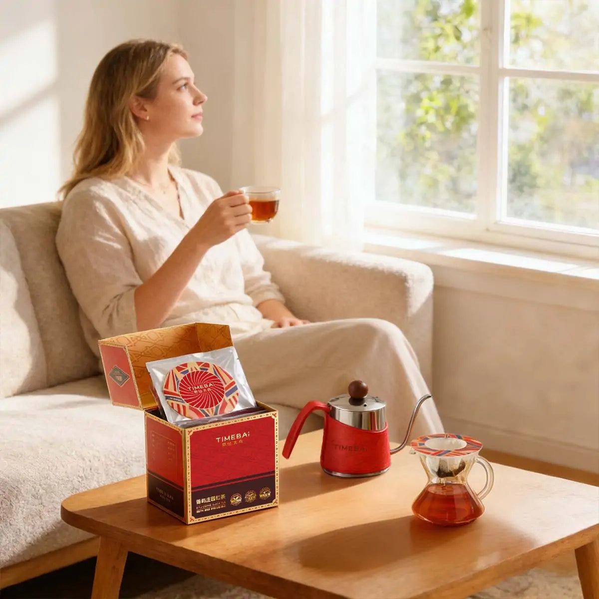 A cozy home tea ritual with TimeBai Drip-Disc, enjoying a calm moment indoors with natural light
