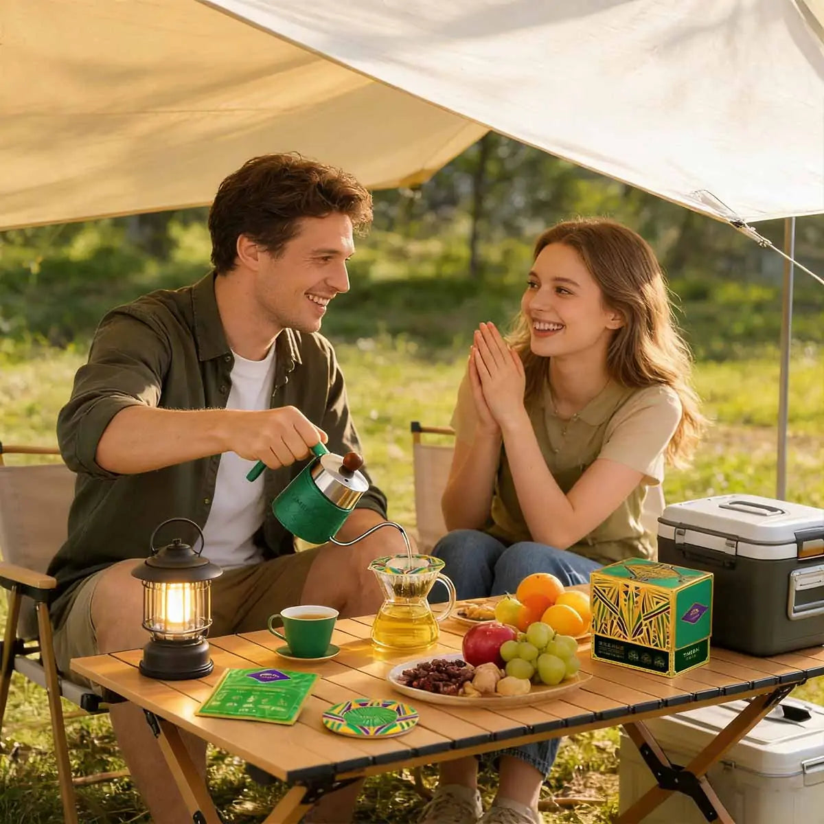 An outdoor tea ritual with TimeBai Drip-Disc, enjoying hand-brewed tea in a park setting