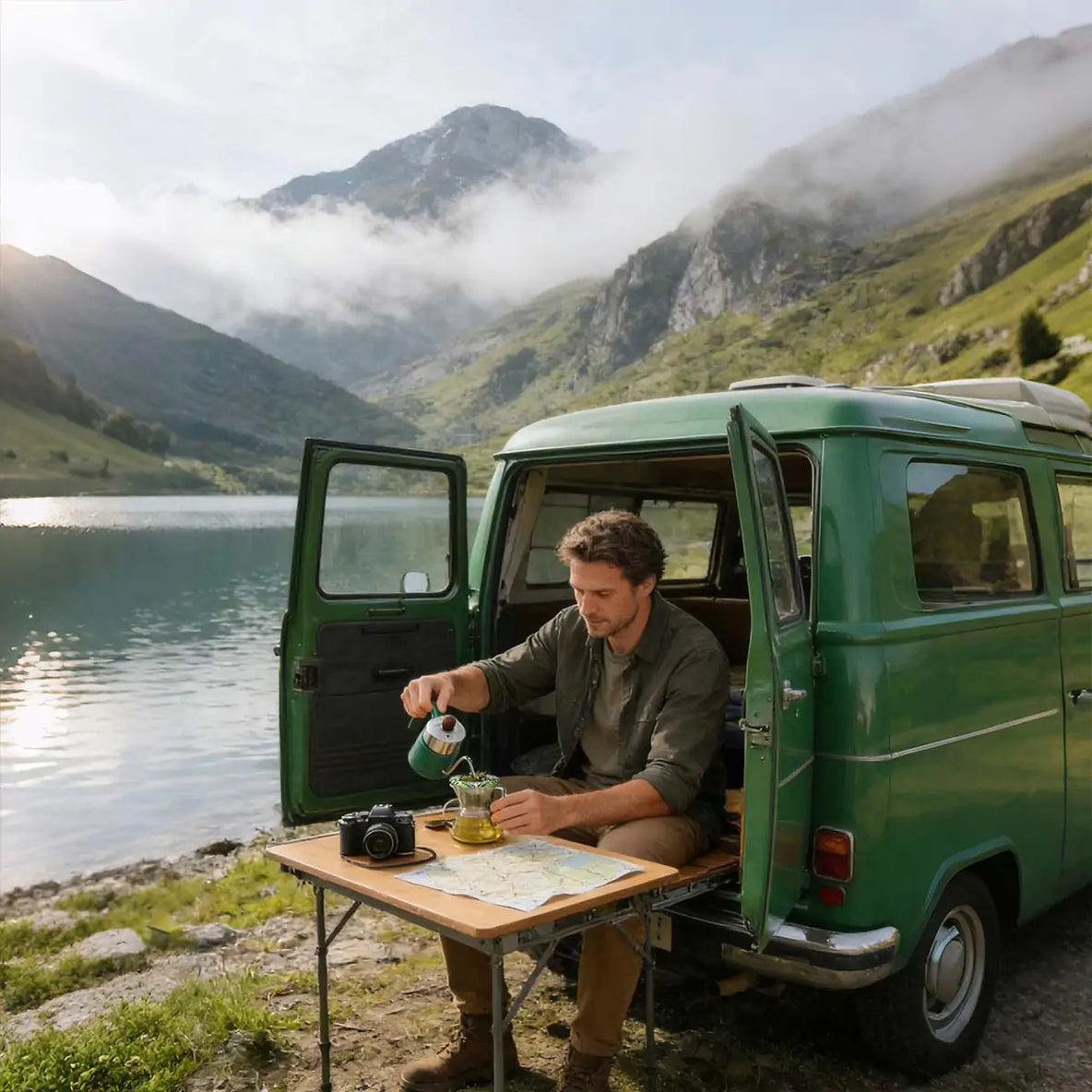 A road trip tea moment with TimeBai Drip-Disc, brewed beside a camper van in a natural landscape