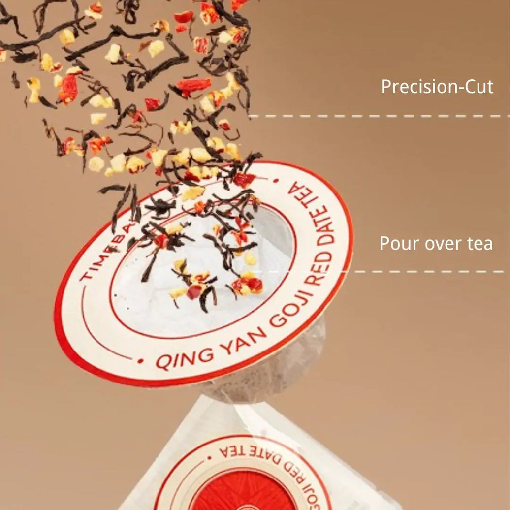 Glow dates black UFO tea bag with tea leaves