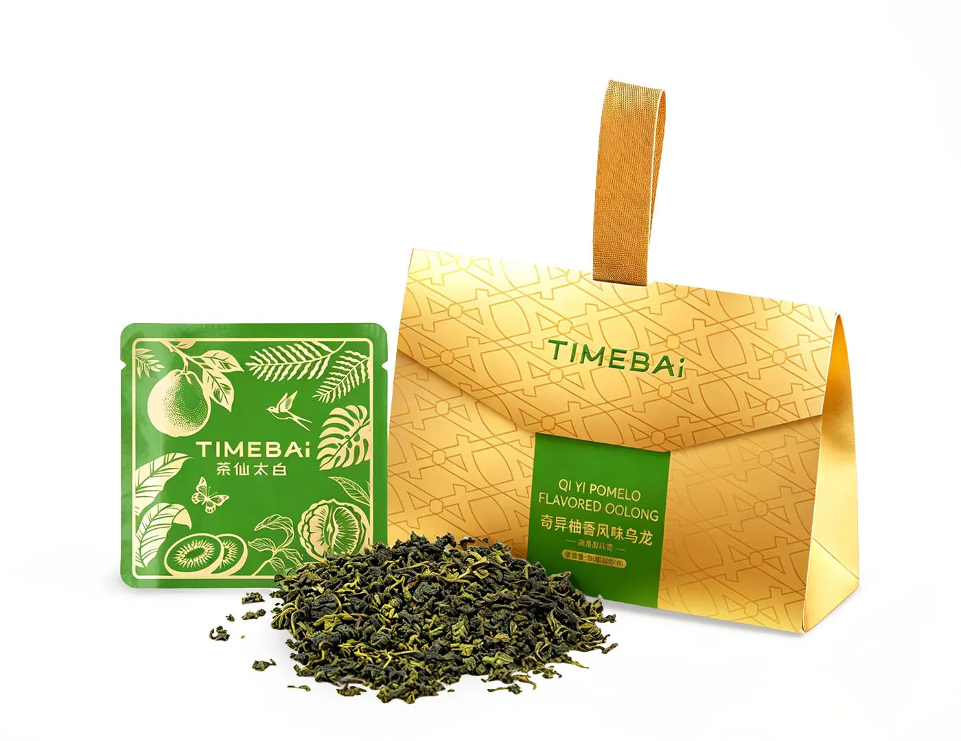 TimeBai Kiwi Pomelo Oolong Tea packaging in a portable tote-style box with 8 sealed sachets.