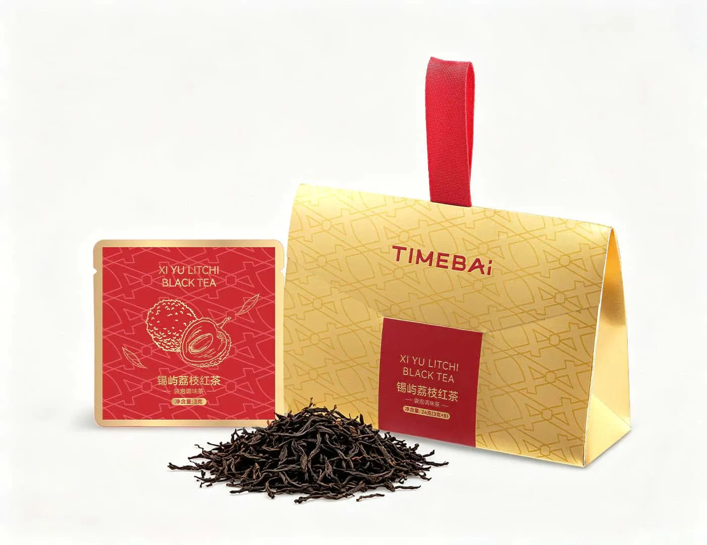 TimeBai Lychee and Rose Black Tea packaging with 8 individually sealed PLA sachets in a beautiful box.