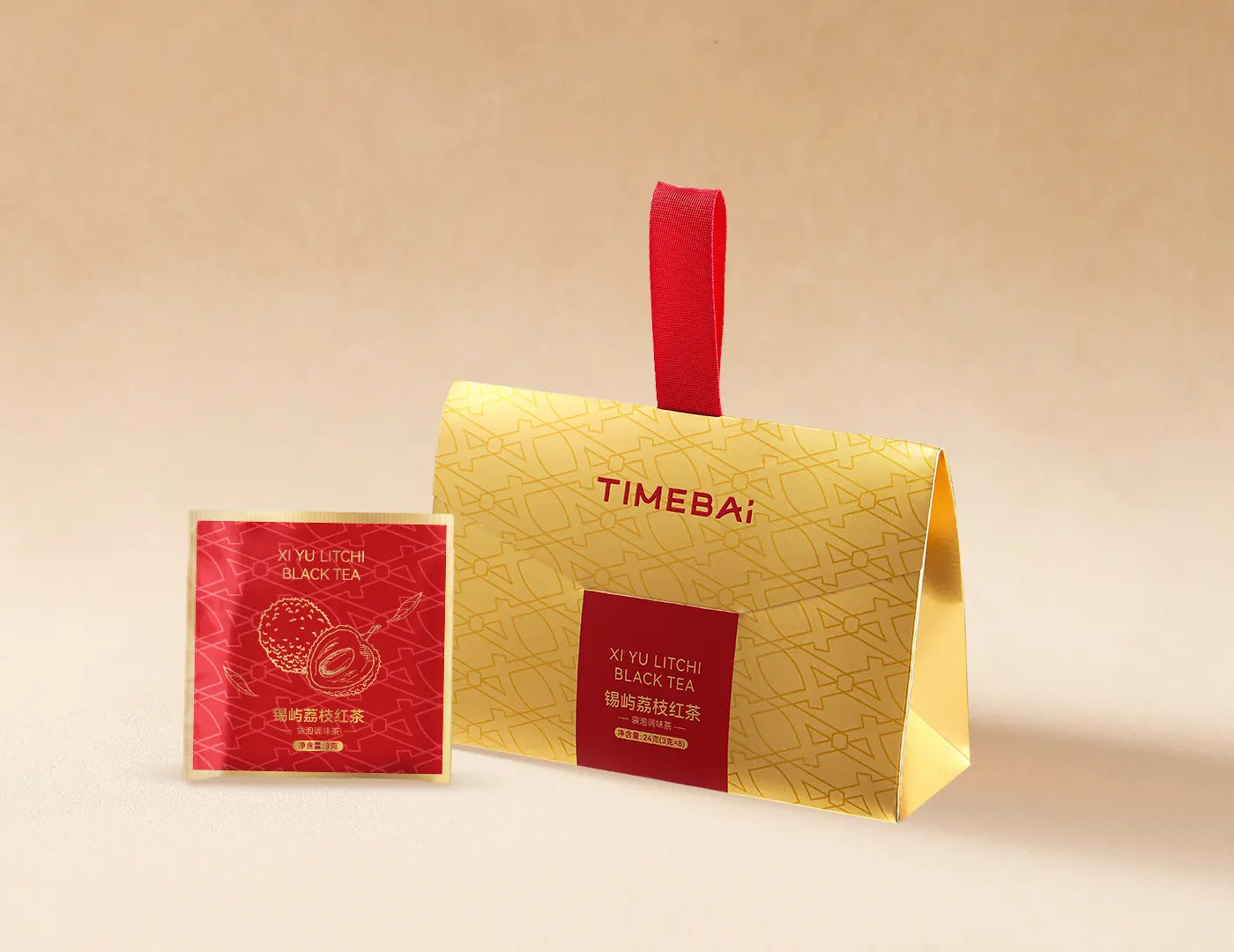 TimeBai Lychee Rose Black Tea packaging with 8 individually sealed sachets in a portable box.