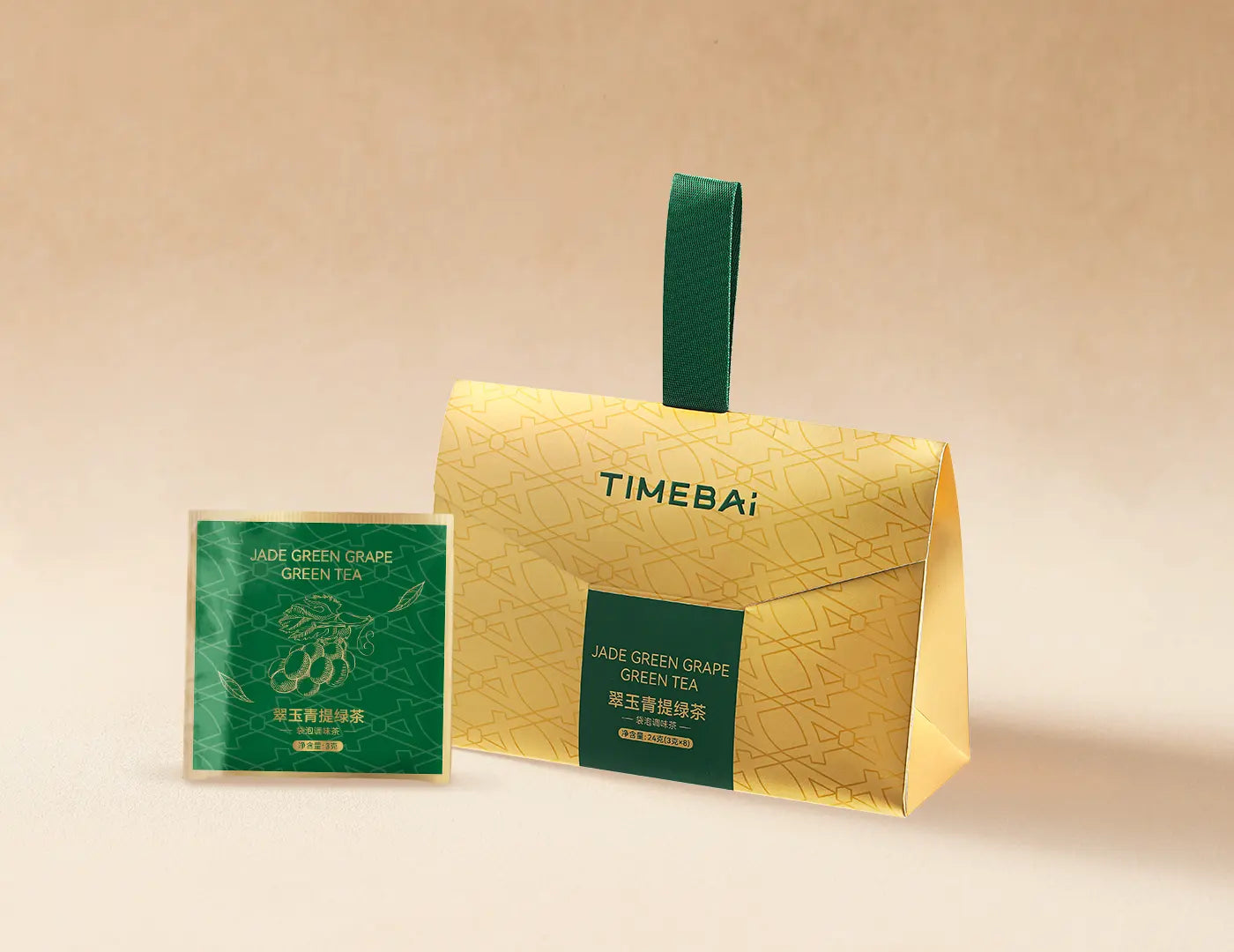 TimeBai Muscat green tea packaging featuring 8 portable individually-wrapped sachets.