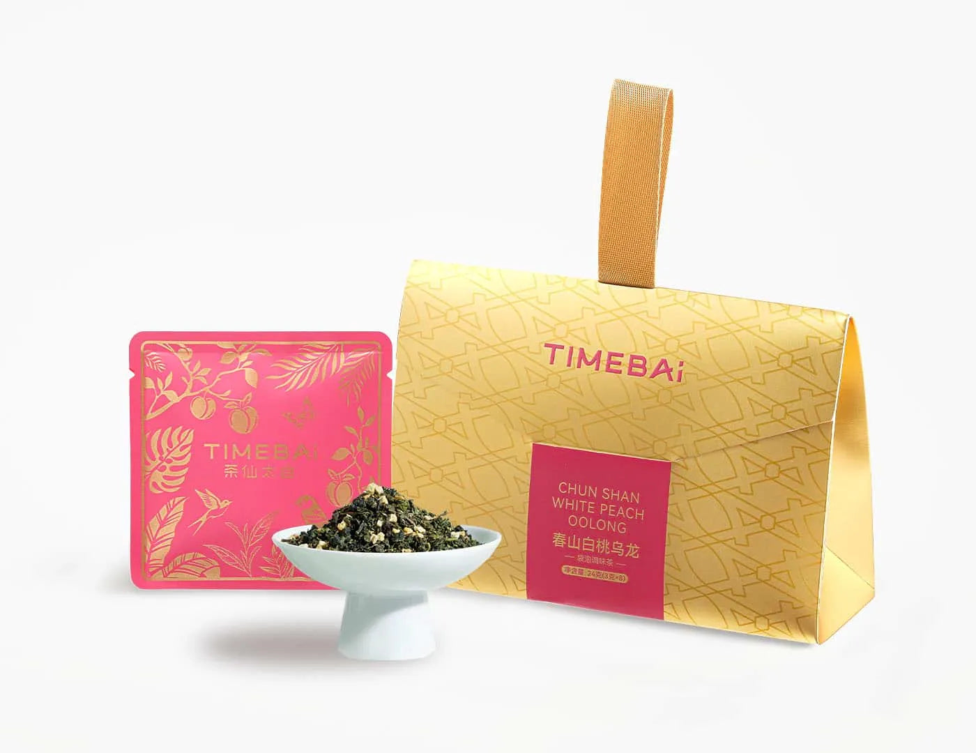 TimeBai Peach Oolong Tea packaging in a portable tote-style box with 8 sealed sachets.