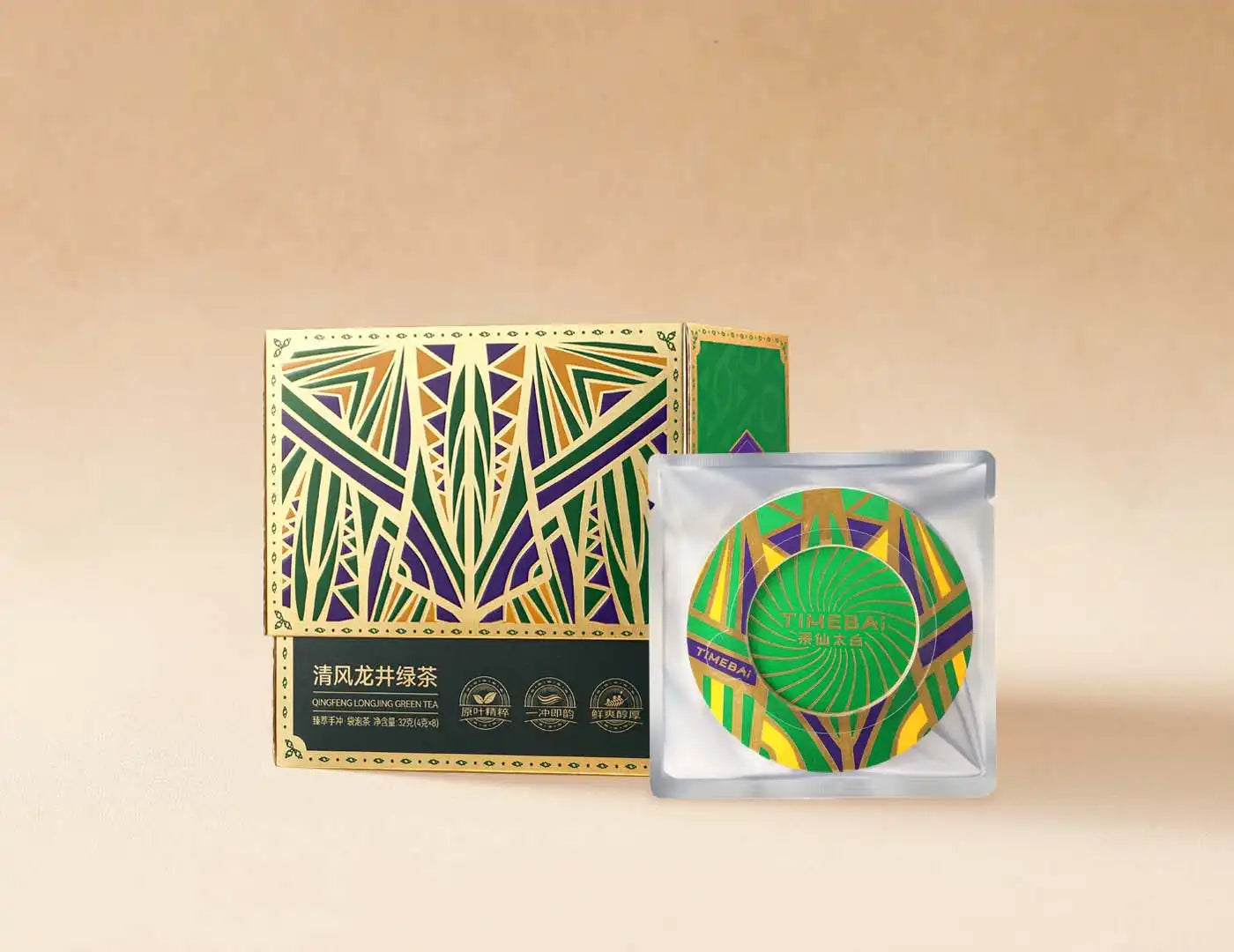 Retail box of Timebai Pure Breeze Longjing tea.