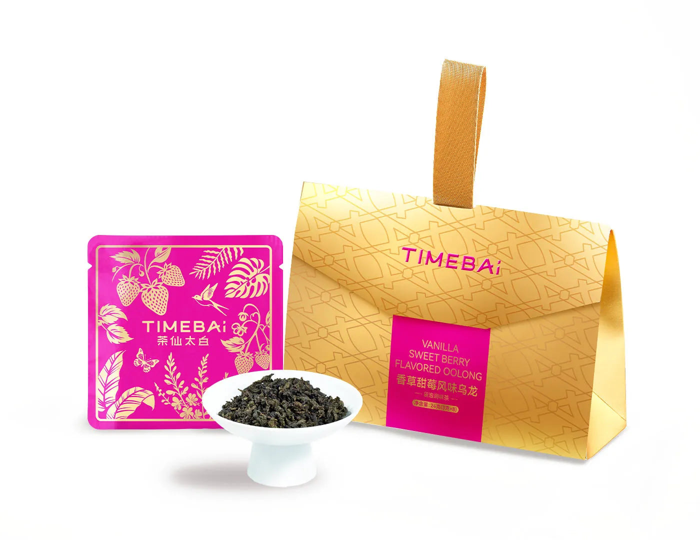 TimeBai Strawberry Vanilla Oolong Tea packaging in a portable tote-style box with 8 sealed sachets.