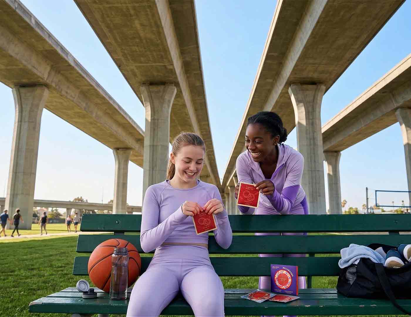 Two women sharing TimeBai Drip Disc and Flavor Series Tasting Set at a fitness setting, for active lifestyle enjoyment