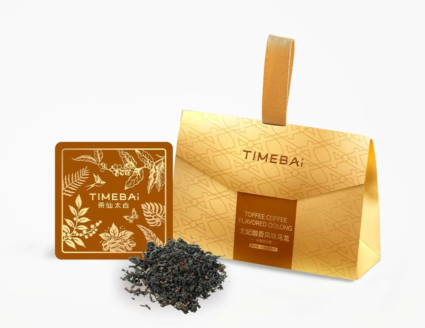 TimeBai Toffee Coffee Oolong Tea packaging in a portable tote-style box with 8 sealed sachets.