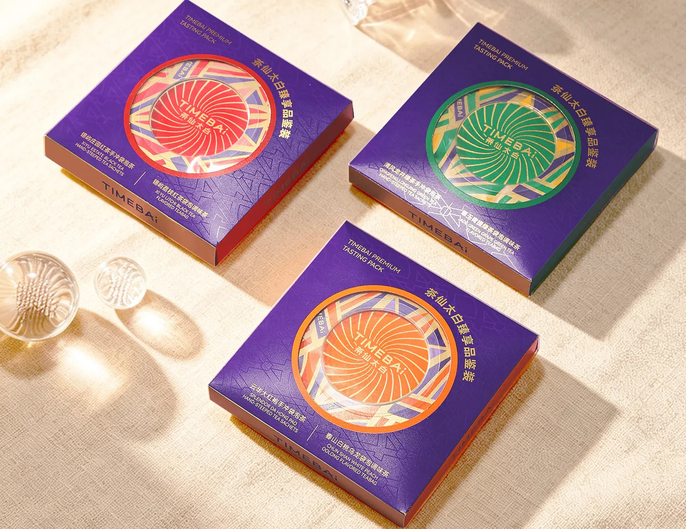 TimeBai Tasting Set Hero Image featuring Rock & Peach, Spring & Grape, and Ceylon & Lychee UFO Tea and Flavor Series sachets, ideal for tea beginners, gift, travel, and office use