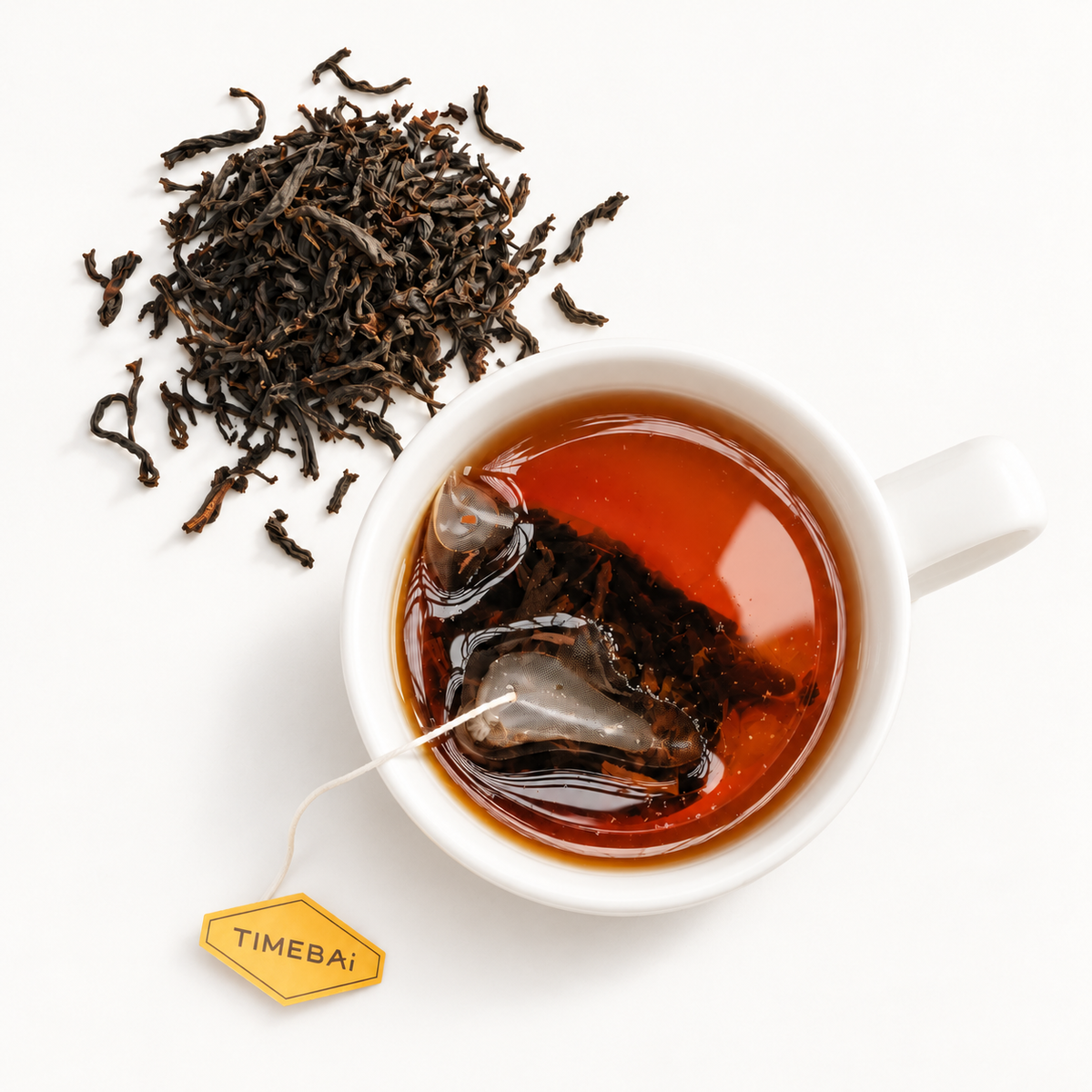 Timebai Ceylon Black Tea Brewing in a White Cup Beside Loose Tea Leaves